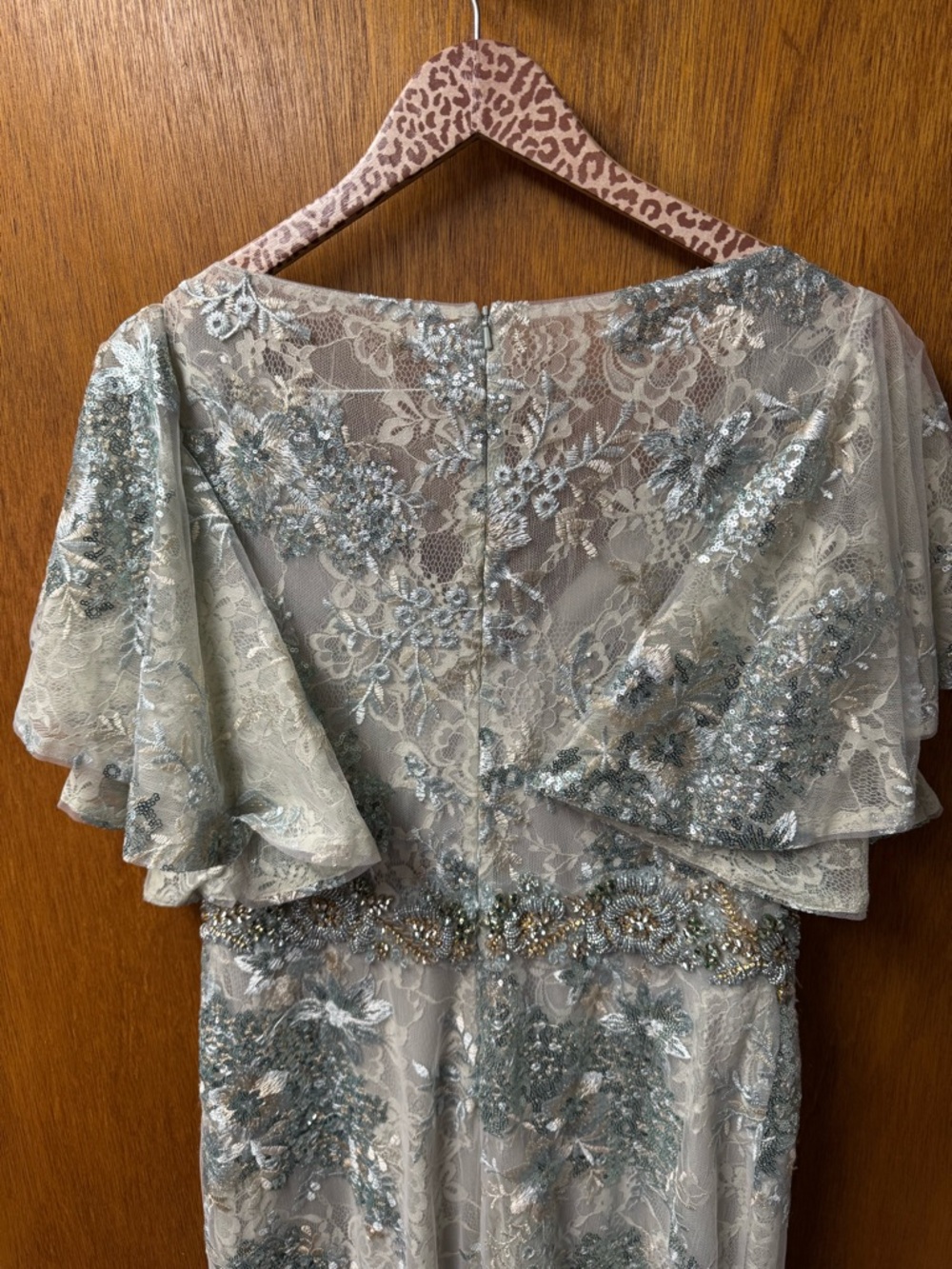 Mac Duggal Bell Sleeve Floral Embellished Long Maxi Gown Sequins Lace Seafoam 10 - Picture 7 of 14